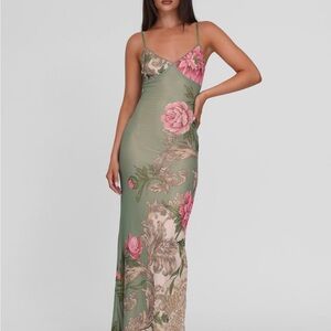 Floral Pink and Green Spaghetti Strap Dress
